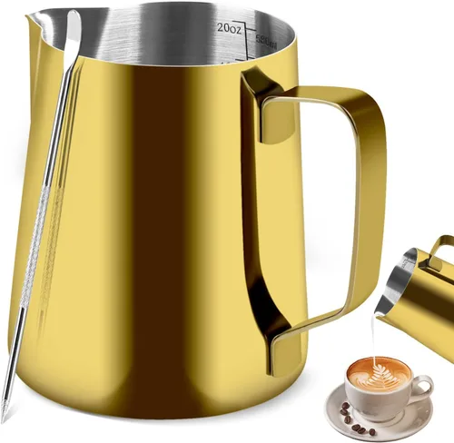 Vista 13 de Jarra para Espumar Leche, 12OZ/350ML Jarra de Vapor de Acero Inoxidable para Espresso Taza Espumadora de Leche para Café con Bolígrafo de Arte
