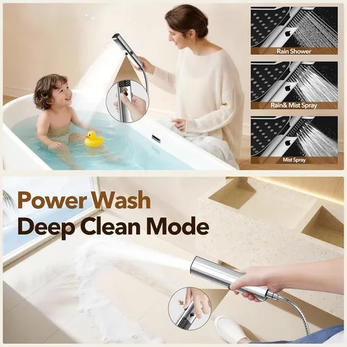 Vista 5 de JDO Cabezal de ducha de lluvia de alta presión con rociador de mano, combo de cabezal de ducha doble de 7 modos, cabezal de ducha de lluvia de 12