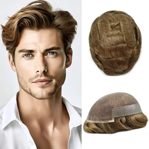 Vista 7 de FACE MIRACLE - Tupé de encaje frontal francés para hombres, postizos, sistemas de reemplazo de cabello humano con PU para hombre, prótesis