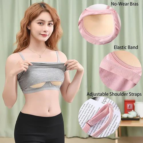 Vista 6 de Camisolas ajustables para mujer con brasier integrado, camiseta sin mangas de algodón elástico, tirantes delgados, cuello redondo