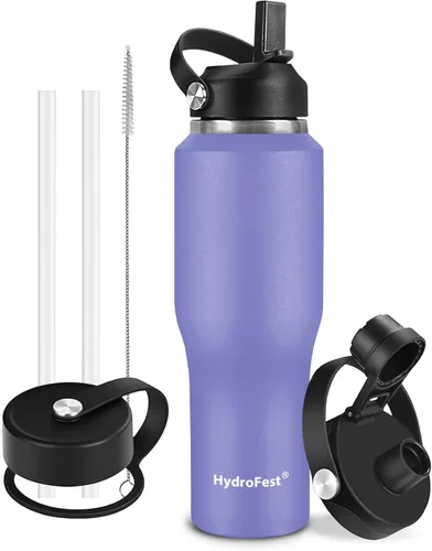 Vista 15 de Botella de agua de 32 onzas aislada con popote, botellas de agua a prueba de fugas, botella de agua para hombre, acero inoxidable para gimnasio