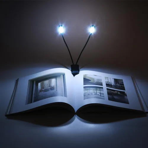 Vista 7 de Soporte de música con clip, luz de lectura de libros, mini lámpara LED de brazos dobles ajustables para soporte de música, lectura nocturna