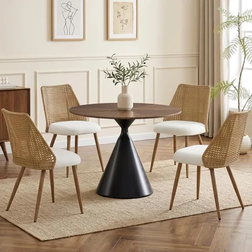 Juego de 4 sillas de comedor de ratán, sillas modernas tapizadas de bouclé para cocina con respaldo de caña de PE y patas de metal para