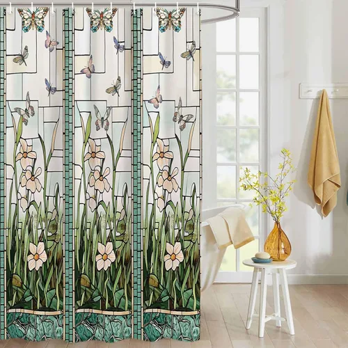 Cortina de ducha impermeable con estampado de flores de prado, libélula, tela de poliéster, cortina de baño para el hogar, hotel, apartamento, baño,