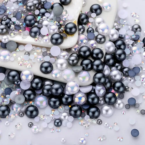 Vista 44 de 60g de perlas planas doradas con parte trasera de diamantes de imitación para manualidades, tamaño mixto de 3mm-10mm, color AB, redondas, cuentas