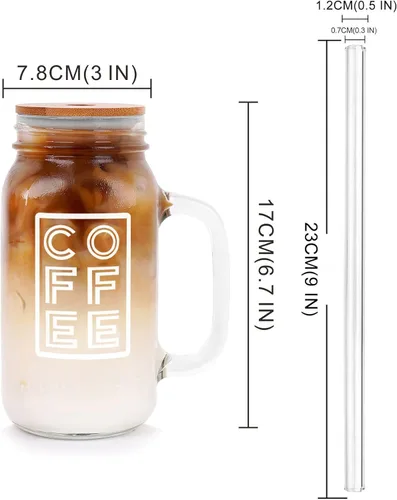 Vista 2 de Tarro de Mason con tapa y pajita de ANOTION, taza de café helado de 24 onzas con boca regular, tarros de Mason con asa, vasos de vidrio