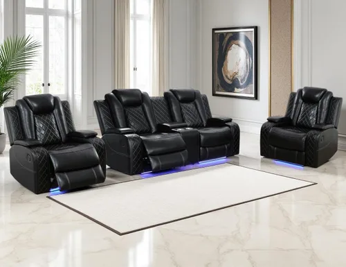 Vista 15 de Juego de sofá reclinable eléctrico de cuero con LED, juegos de muebles de sala de estar, 2 piezas sofás reclinables, juego de sofá reclinable