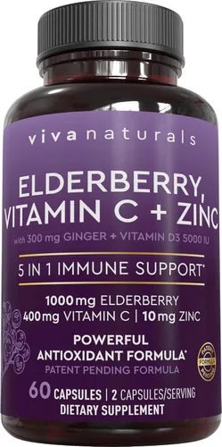 Viva Naturals Baya de saúco negro de 1000 mg con vitamina C, D3 5000 UI y zinc, suplemento de apoyo inmunológico 5 en 1 para adultos, cápsulas de