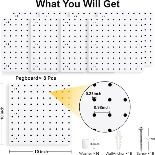 Vista 2 de 8 piezas de paneles organizadores de pared con tablero de clavijas, tablero de clavijas blanco para montar en la pared para sala de manualidades