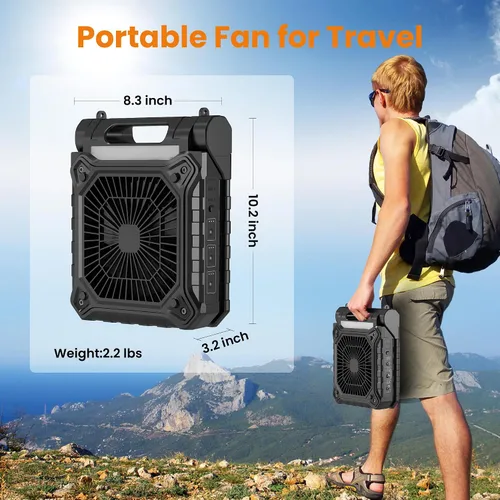 Vista 6 de KITWLEMEN Ventilador solar de campamento de 10.2 pulgadas con ventilador de batería recargable con luz, tiempo de funcionamiento de 38 horas, 3