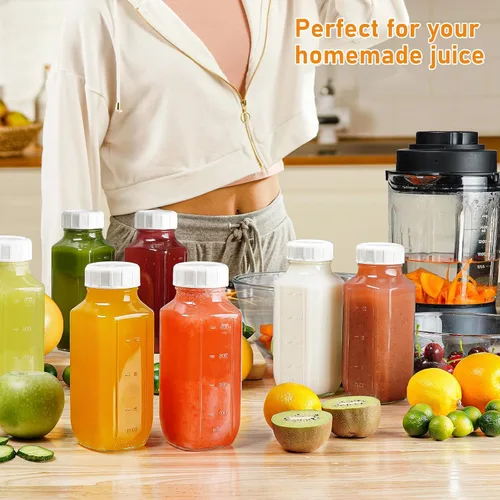 Vista 3 de Sovietiep Paquete de 4 Botellas de Leche de Vidrio Cuadradas de 16 Oz con Tapa Dispensadora de Silicona, Botellas de Jugo de Vidrio con Tapa