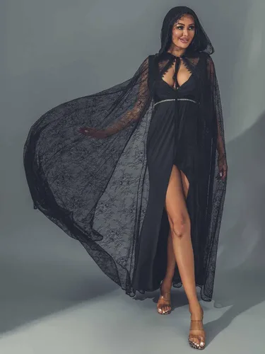 Vista 2 de Unicra Capa larga con capucha de encaje de longitud completa, capa larga para disfraz de Halloween, capa de fiesta de cosplay para mujer