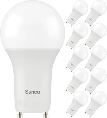 Sunco - Paquete de 10 bombillas LED GU24 A19, 2 puntas, 800 LM, 9 W (equivalente a 60 W), blanco cálido de 3000 K, regulable, base de pines GU24 de