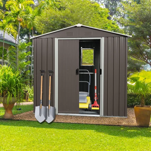 Vista 8 de JT Cobertizo de almacenamiento para exteriores de 6.23 x 4.3 pies con base de metal y puertas corredizas, protección solar, cobertizo