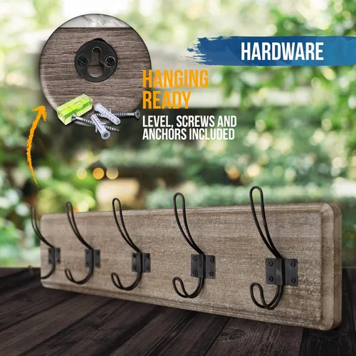 Vista 6 de HBCY Creations Perchero de pared rústico envejecido con 5 ganchos, ganchos de pared de pino macizo de 24 pulgadas para entrada, cuarto de servicio