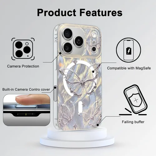 Vista 605 de I-MGAE-IN-AR - Funda diseñada para iPhone 12 y 12 Pro, diseño de mariposa plateada brillante, funda protectora de poliuretano termoplástico, suave
