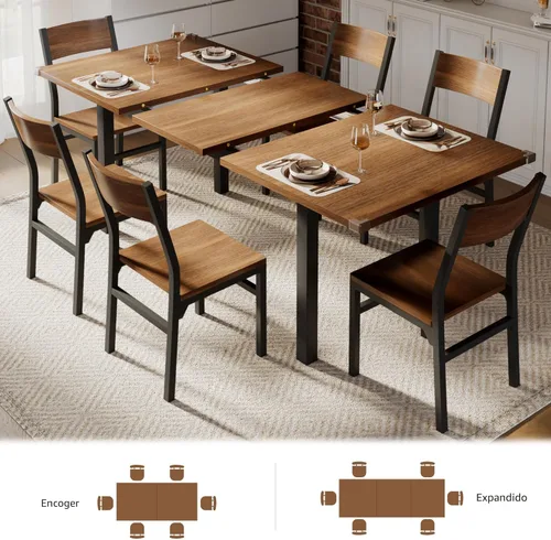 Vista 3 de iPormis Juego de mesa de comedor de 7 piezas con 6 sillas, mesa de cocina extensible de 63 pulgadas y sillas para 4-6, mesa de comedor con marco