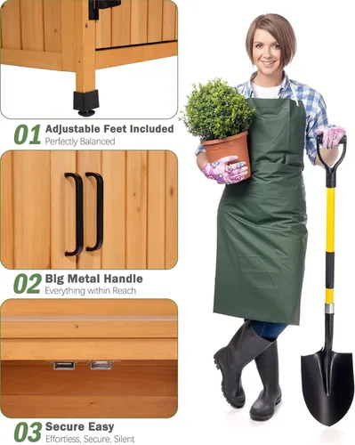 Vista 4 de Banco para macetas al aire libre con parte superior de trabajo de metal, gabinete de almacenamiento de jardín impermeable, estación de herramientas