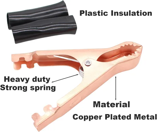 Vista 3 de Pinzas de cocodrilo aisladas duraderas de servicio pesado en negro y rojo para arranque de metal con resorte para batería de camión y coche, clips
