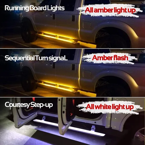Vista 3 de 2 luces de estribo de 15 pies, marcador lateral ámbar secuencial con luces blancas de cortesía, tira de luz LED ámbar de cabina extendida de 540 LED