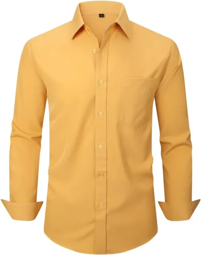 Vista 51 de corfty Camisa de vestir de manga larga para hombre, ajuste regular, elástica, sin arrugas, casual, con botones