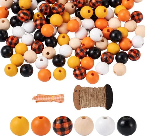 Vista 8 de 120 cuentas redondas de madera natural con cinta de poliéster de yute, decoración de bolas de madera, cuentas de madera rústicas de granja