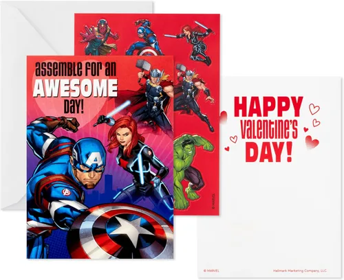 Vista 5 de Hallmark Tarjetas y calcomanías de San Valentín de los Vengadores para la escuela de niños (24 aulas de San Valentín con sobres)