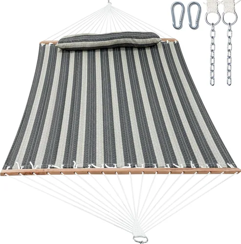 Vista 9 de Gafete Hamacas para 2 personas de 12 pies para exteriores, hamaca de tela doble acolchada para exteriores con barra separadora, almohada extraíble