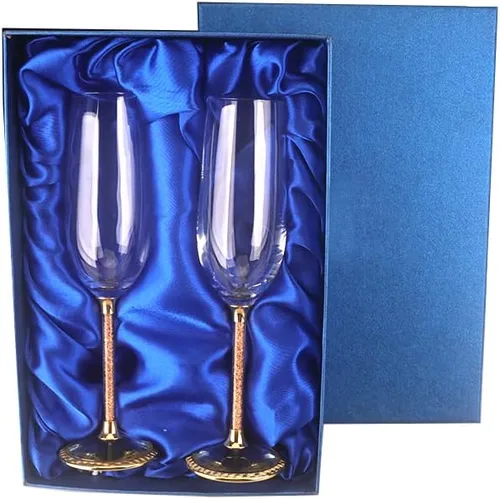 Vista 3 de Copas de champán Copas de champán de cristal con base de metal con piedras de cristal, juego de 2 flautas de 8 onzas, juego de 2 flautas
