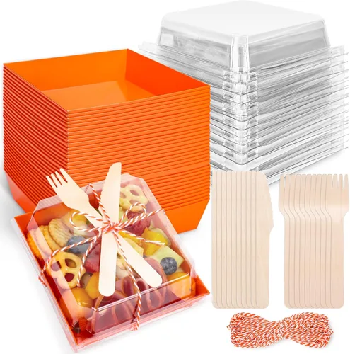 Vista 9 de Whaline Juego de 50 cajas de charcutería pequeñas azules con tapas, tenedores, cuchillos, mini caja de postre transparente de verano, recipientes