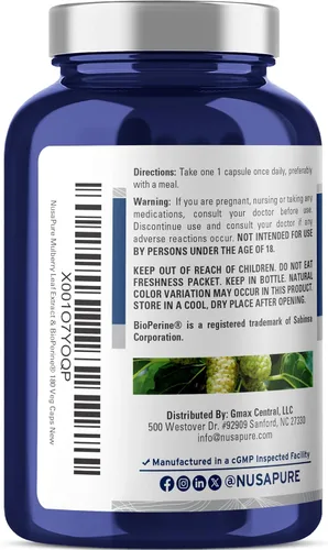 Vista 3 de NusaPure Extracto de hoja de morera blanca 5,000 mg 180 cápsulas vegetales (vegetariano, bioperina)
