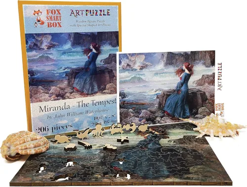 Vista 5 de Rompecabezas de madera para adultos, piezas de forma única, fabricado en los Estados Unidos por FoxSmartBox - 206 piezas - Miranda