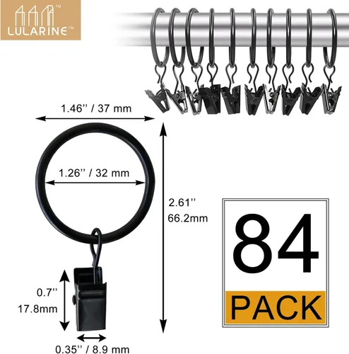 Vista 2 de Paquete de 84 anillos de cortina con clips de 1.26 pulgadas de diámetro interior, anillo de cortina de metal con clips compatibles con cortineros