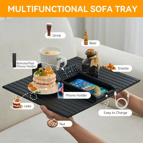 Vista 3 de GEHE Soporte para tazas de sofá de bambú, bandeja de brazo de sofá antiderrames, natural y fácil de limpiar, bandeja para reposabrazos perfecta