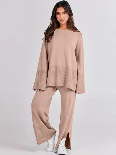 Vista 9 de ANRABESS Conjunto de 2 piezas para mujer, sudadera de punto de gran tamaño y pantalones de pierna ancha con cordón
