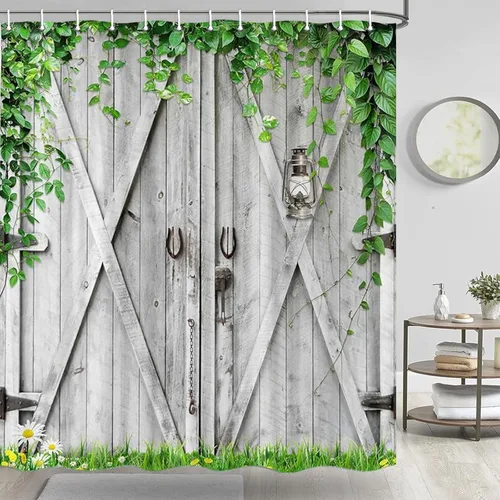 Vista 33 de Cortina de ducha de puerta de granero rústica de tamaño pequeño para baño, juegos de cortinas de decoración de baño de tablones de madera retro