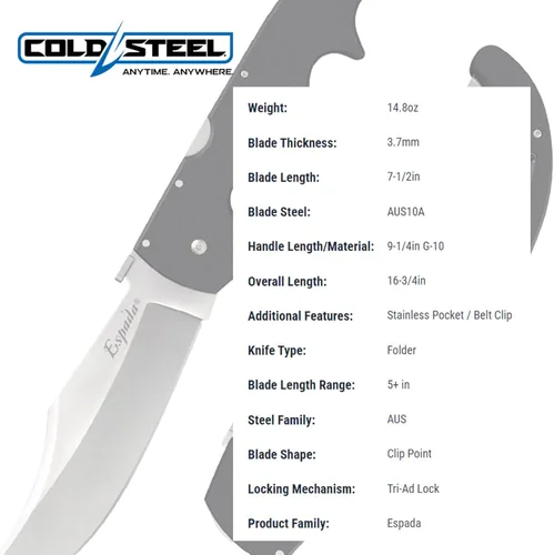 Vista 5 de Cold Steel Espada AUS10A - Cuchillo plegable de bolsillo táctico con cuchillas ultraafiladas de acero negro mate G-10 con bloqueo Tri-Ad