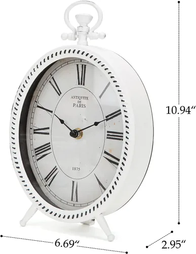 Vista 4 de NIKKY HOME Reloj de mesa vintage, reloj de mesa blanco de metal, reloj de escritorio retro sin tictac, funciona con pilas, relojes antiguos sin