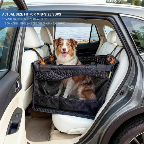 Vista 6 de Asiento de coche para perros grandes y medianos Funda impermeable para asiento trasero con parte inferior dura Varillas de bloqueo giratorio