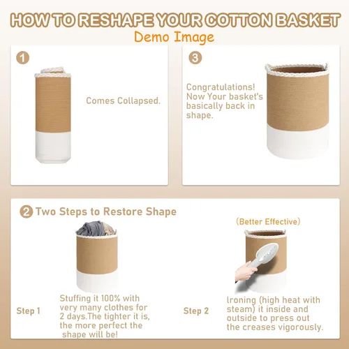 Vista 6 de Canasta de lavandería tejida de 58L, canasta alta de lavandería de algodón para mantas, ropa, almohadas, juguetes, zapatos, gran cesta de lavandería