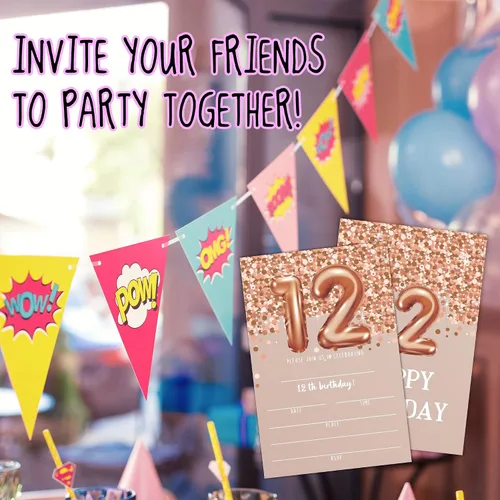 Vista 5 de Tarjetas de invitación de cumpleaños número 10, invitaciones de fiesta de cumpleaños número 10 con purpurina de oro rosa, suministros de decoración