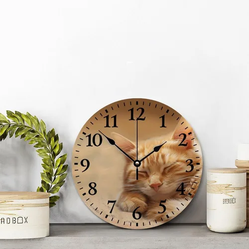 Vista 4 de Reloj de pared de gato atigrado naranja dormido de 10 pulgadas, bonito reloj de pared con animales, funciona con pilas, sin tictac, reloj de madera