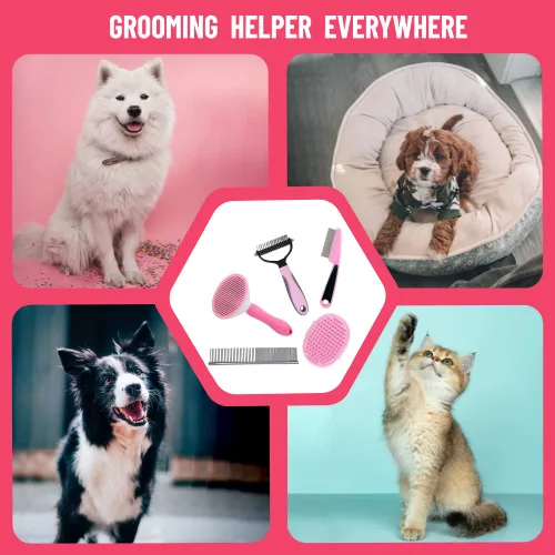Vista 9 de Kit de cepillo para perros 5 en 1, cepillo para perros de pelo corto, kit de aseo para perros pequeños, peine desmenuzador y rastrillo desmenuzador