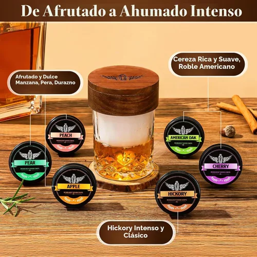 Vista 3 de INSISART Chips de madera para ahumar whisky, 6 sabores de manzana, cereza, roble, pera, durazno, nogal, chips naturales para cócteles, anticuado