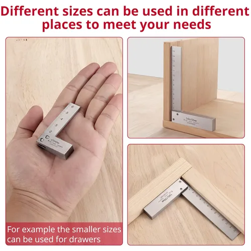 Vista 5 de XUNTOP Juego de 4 combinaciones de cuadrados cuadrados de 2, 3, 4 y 6 pulgadas, juego de ingeniero de ángulo recto de 90 grados, regla de ángulo