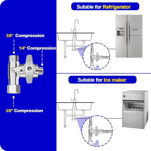 Vista 4 de Válvula de Parada en T - 0.95 cm Comp x 0.95 cm Comp x 0.63 cm Comp Válvula Add-A-Tee de Latón, Adaptador de Alimentación de Agua para Refrigerador