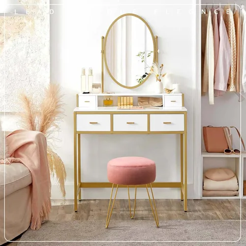 Vista 28 de LUE BONA Taburete de tocador, taburetes de tocador blancos para sala de maquillaje, taburete otomano redondo, reposapiés de terciopelo para tocador