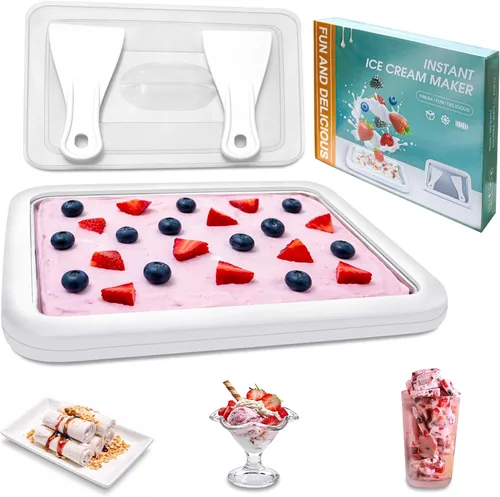 SUS 304 - Máquina de helados enrollada instantánea con tapa y 2 espátulas, bandeja de helado enrollada instantánea para servir suavemente,