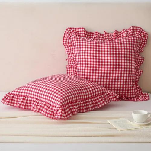 Vista 19 de Mywinlle juego de 2 fundas para cojín con volantes a cuadros negro/blanco, fundas de almohada decorativas de algodón lavado a cuadros estilo granja