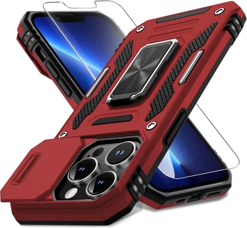 Vista 52 de DEERLAMN Funda para iPhone Xs Max con funda deslizante para cámara + protector de pantalla, soporte giratorio de anillo de grado militar a prueba